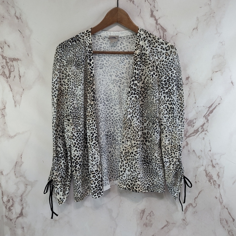 Chicos Cardigan Womens Small 0 Leopard Cheetah Print Ruched Tie Lightweight
